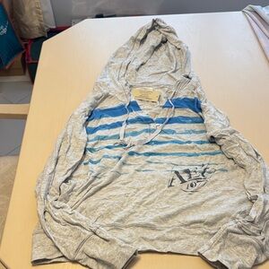 American Eagle women’s Gray and Blue Striped hooded long sleeve v neck